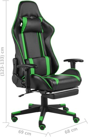 Геймерське крісло з підставкою для ніг, обертове, зелений ПВХ, ергономічне офісне крісло з високою спинкою та 2 додатковими подушками, регульоване по висоті обертове крісло з висувною підставкою для ніг