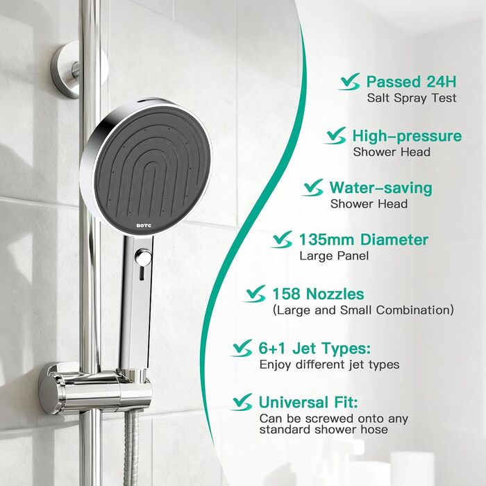 Економна душова лійка високого тиску, 7 режимів струменя з верхнім розпилювачем, велика ручна лійка 135 мм, душова лійка з функцією захисту від накипу, хромована