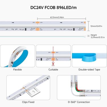 Гнучка світлодіодна стрічка COB високої щільності WS2814 IC RGBW світлодіодна стрічка 1M 784LEDs/m 21W/M DC24V IP30 Карбування кольору Прикраса своїми руками (не контролер вмісту та джерело живлення) (Fcob RGBWW, 24 В 5 М 896 світлодіодів/м), 4000K)