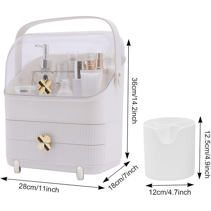 Організатор косметики для макіяжу, 3-шаровий портативний органайзер з кришкою косметичної вітрини Організатор туалетного столика з 2 висувними ящиками і ручкою для перенесення для комода у ванній кімнаті, спальні (білий)