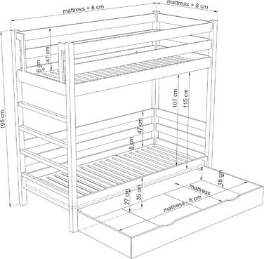 Двох'ярусне ліжко з висувною шухлядою 120x200 см, дитяче ліжко для 2 дітей, 2 сторони збірки драбини ліва або права, закруглені кр