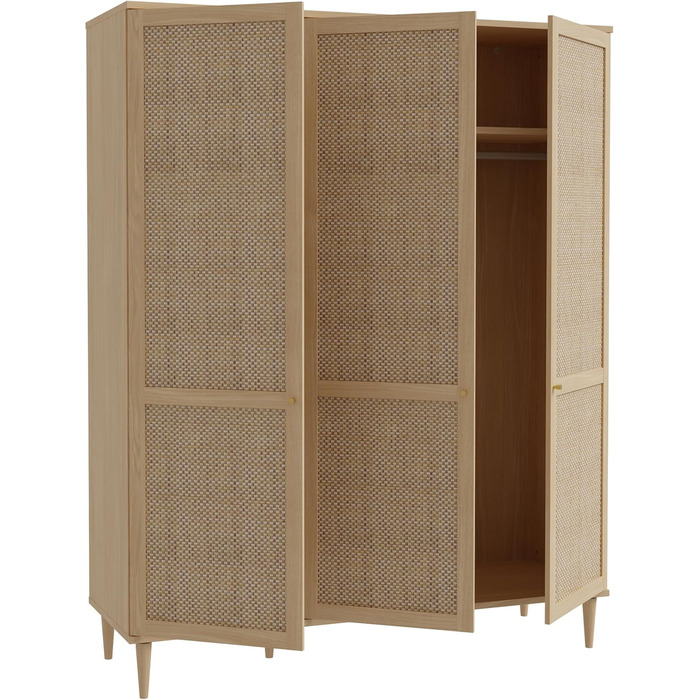 Шафа 165, Шафа в стилі бохо з 3 дверима, вішалка для одягу, полиці, інженерна деревина, декор дуба Elegancia/технораттан, 165 см завширшки x 208 см заввишки x 52 см завглибшки, 3-дверна шафа