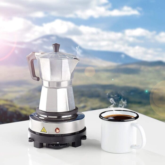 Гаряча плита Rosenstein & Shne електрична міні-одинарна конфорка та кавоварка для еспресо, 500 Вт, 3 чашки (міні-плита для еспресо-машини, мала конфорка для еспресо, індукційна плита)