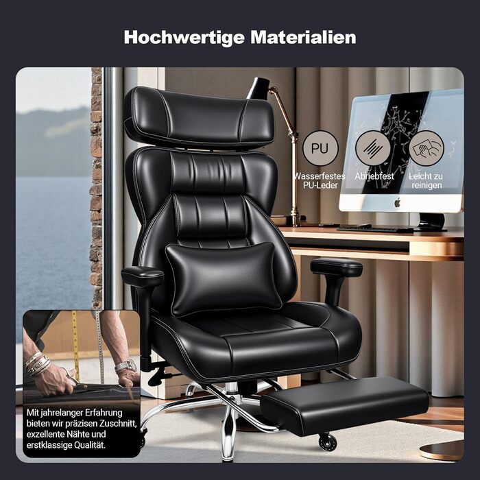 Офісне крісло BASETBL 200 кг, крісло керівника з 4-рівневою газовою пружиною, 3D-підлокітники, регульована поперекова опора та підголівник, тихі гумові ролики, широке сидіння XXL, EN12520, ергономічне офісне крісло