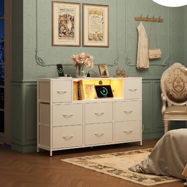 Комод WLIVE, 8 тканинних шухляд, комод з розетками, універсальний комод для спальні та вітальні, з міцним сталевим каркасом та дерев&39яною стільницею, 120 * 30 * 79 см (білий)