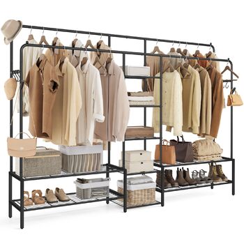 Вішалка для одягу SONGMICS, Відкрита шафа, Вішалка для пальто з 9 полицями, Металевий каркас, Штанга для одягу, для спальні, вітальні, вхідної зони, Чорний HSR183B01 Чорний 195W см