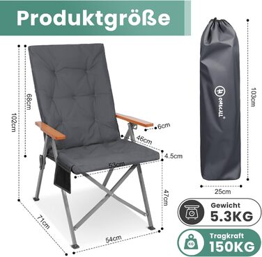 Складаний кемпінговий стілець Homecall, вантажопідйомність 150 кг, розкішний складний кемпінговий стілець з високою спинкою та 3 регульованими положеннями, товщина м&39якої підкладки 4,5 см, рибальський стілець для саду, балкону, кемпера (1, темно-сірий) 