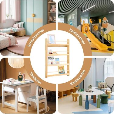 Дитяча книжкова полиця SoBuy, настінна полиця для дитячої кімнати, дитяча полиця, полиця для зберігання з 4 полицями для книг, іграшок та прикрас, меблі для дитячої кімнати, натуральний колір, 80x118x12 см KMB08-N