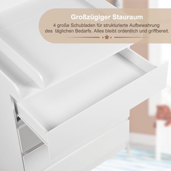 Пеленальний столик WOLTU зі знімною стільницею для пеленання, дитячий пеленальний столик, полиця для пеленання, комод з 4 шухлядами, висота 110 см, білий глянцевий білий глянцевий білий