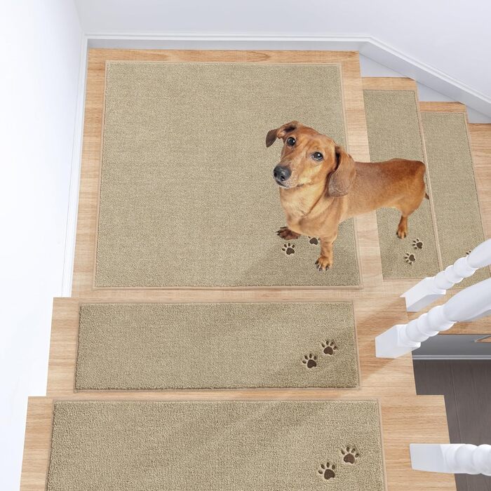 Килимок для сходів BEQHAUSE - Нековзні сходинки, Підходить для дерев&39яних сходинок, Можна прати в пральній машині, М&39який поліестер, Килимок для сходів, 76,2 x 76,2 см, Бежевий 76 x 76 см (Квадратний) Бежевий - Відбиток собачої лапи 1