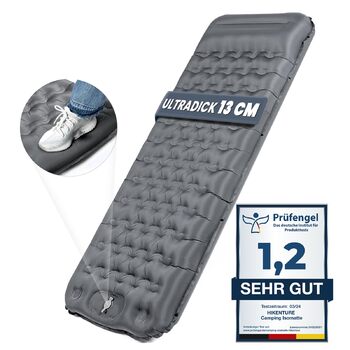 Килимок для сну HIKENTURE, 13 см ультратовстий кемпінговий килимок для сну з подушкою, надувний повітряний матрац, невеликий розмір упаковки, ультралегкий килимок для сну з ножним насосом для використання на свіжому повітрі, для походів, для намету, сірий