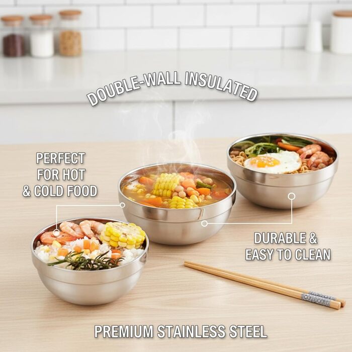 Мисок з нержавіючої сталі, двостінні ізольовані металеві миски, небиткі миски для рису, пластівців, морозива, гарячих та холодних страв, нержавіюча сталь для дітей, 10