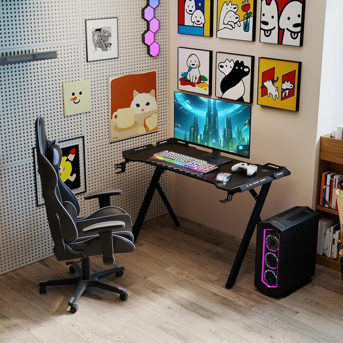 Ігровий стіл UISEBRT зі світлодіодним підсвічуванням, 140x60x75 см RGB комп&39ютерний стіл з вуглецевим волокном, стіл з пультом дистанційного керування, підставкою для склянок та гачком для навушників, ергономічний ігровий стіл Y-подібної форми, чорний 1