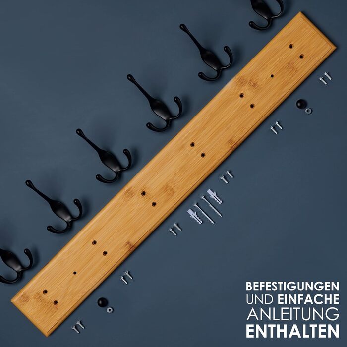 Гачки для одягу дерево - вішалка дерев'яна з 6 гачками чорного кольору - 59 см - гачки для одягу настінні - настінна вішалка для п