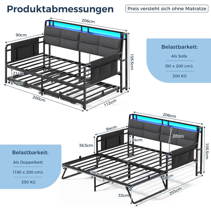 Розкладний диван-ліжко з висувним ліжком, кушетка 90x200(180x200) см, розкладна кушетка зі світлодіодним освітленням та зарядною станцією (2 розетки змінного струму, 2 порти USB), односпальне та двоспальне ліжко, гостьове ліжко сірого кольору 90x200 см/18