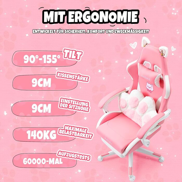 Миле ігрове крісло з поперековою подушкою у формі котячої лапи та котячими вушками, ергономічне ігрове крісло з підставкою для ніг, регульоване ігрове крісло для ПК для дівчаток, підлітків, дітей, рожеве
