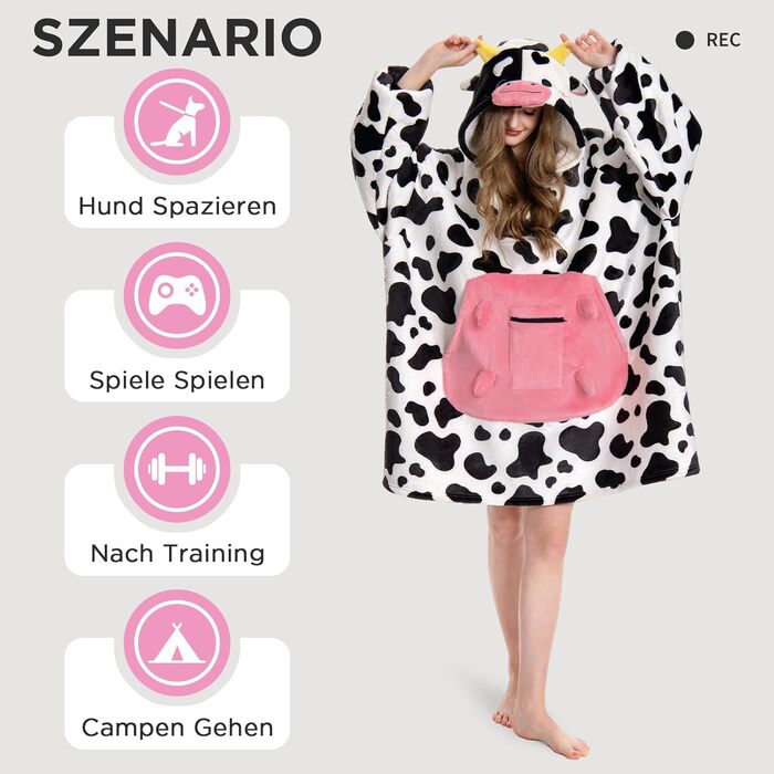 Ковдра великого розміру з капюшоном для дорослих, портативна ковдра з шерпа-флісу з рукавами та кишенями, м&39яка тепла затишна толстовка з капюшоном для жінок та чоловіків, принт корови