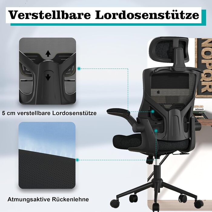 Ергономічне офісне крісло з регульованим підголівником та поперековою опорою сітчасте робоче крісло з високою спинкою, пінопластовим сидінням, вішалкою для одягу та функцією блокування (чорне)