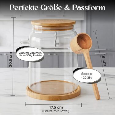 Банка для зберігання порошку сироваткового протеїну герметична банка об&39ємом 2300 мл з боросилікатного скла з бамбуковою кришкою, мірною ложкою та лійкою без бісфенолу А, ідеально підходить для білка та добавок