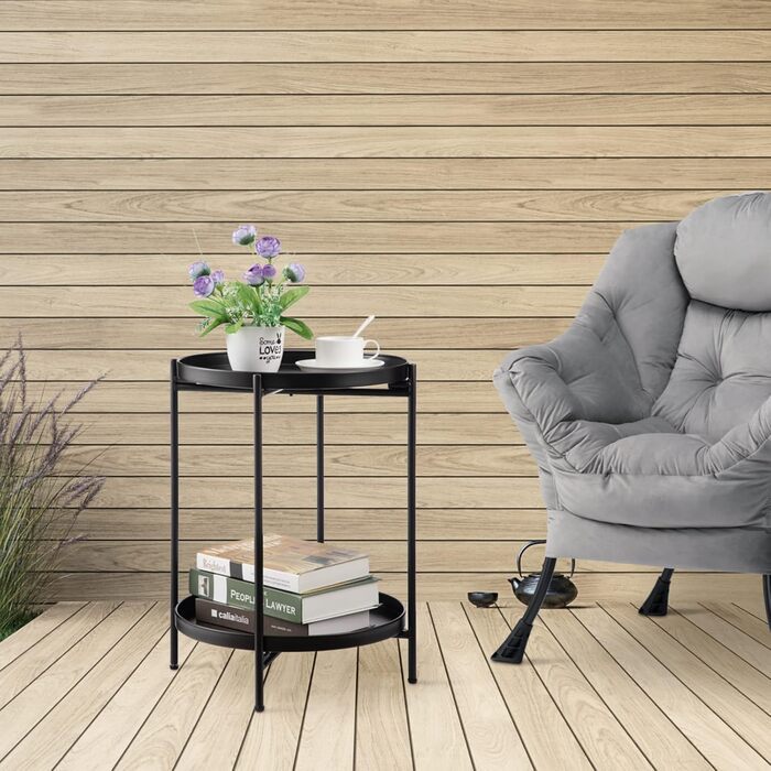 Круглий бічний столик HollyHOME, чорний металевий, маленький журнальний столик, 2 яруси, балконний столик, тумбочка, бічний столик для вітальні, спальні, тераси, вулиці
