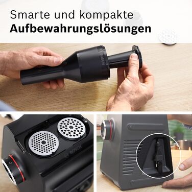 Електрична м'ясорубка Bosch MultiPower Serie 6 MFWS660B, 2100 Вт, нержавіюча сталь, 3 диски (3, 4.5, 8 мм), насадки для ковбас, кеббе та тертя, соковижималка, чорна