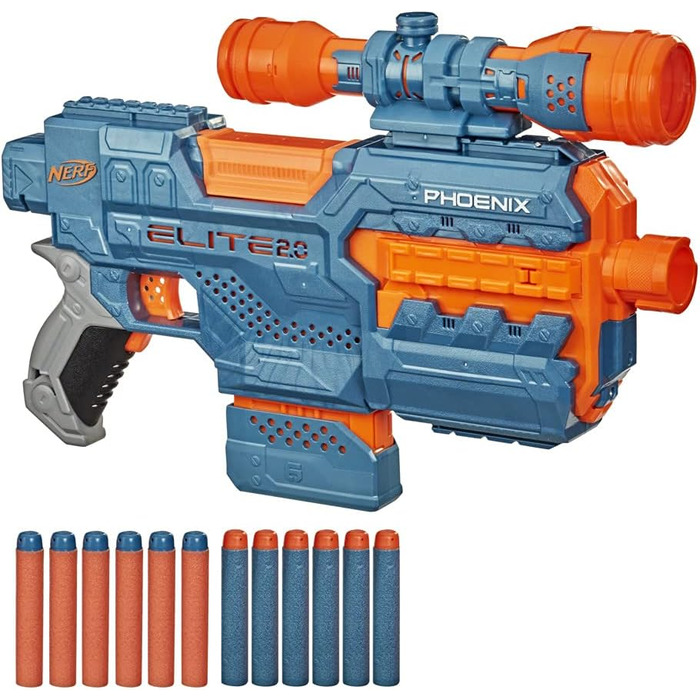 Моторизований бластер Elite 2 Phoenix CS-6, 12 дротиків Nerf, магазин на 6 дротиків, оптичний приціл, тактичні рейки, точки кріплення, батарейки 4AA Батарейки не входять до комплекту