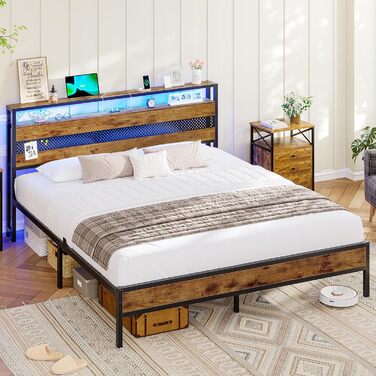 Ліжко 140x200 з металевою рейковою основою, металевий каркас ліжка з розеткою та функцією зарядки через USB, двоспальне ліжко з місцем для зберігання речей, підлогове ліжко, дитяче ліжко, каркас ліжка для спальні та гостьової кімнати (140x200 см)