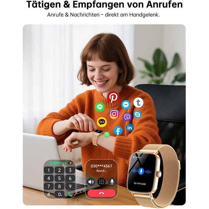 Жіночий смарт-годинник Gydom з функцією телефону, 1,85-дюймовий HD металевий фітнес-годинник, фітнес-трекер, серцевий ритм/SpO2/сон, водонепроникний спортивний годинник IP68, крокомір для Android та iOS, рожеве золото 1,85