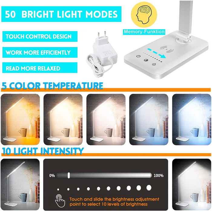 Настільна лампа BIENSER світлодіодна, бездротова зарядка 10 Вт і функція заряджання USB, настільна лампа офісної лампи з 10 рівнями яскравості x 5 кольорів, безпечний для очей світлодіод з регулюванням яскравості, чутливе керування, автоматичний таймер 30