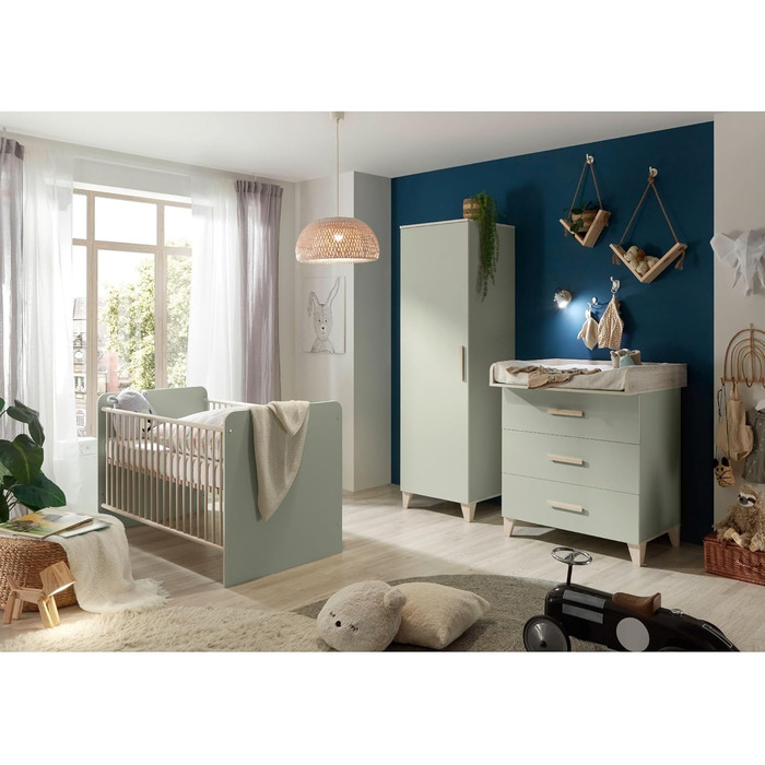 Дитяче ліжечко Stella Trading PRIZZI Safe 70x140 см, пастельно-зелений/золотистий - Функціональне дитяче ліжечко з регульованою по висоті рейковою основою - 78 x 88 x 143 см (Ш/В/Г) 78Д x 142Ш x 88В см, пастельно-зелений/золотистий