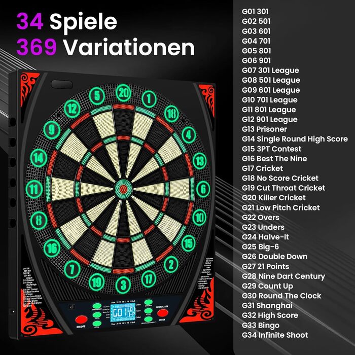 Електронна мішень для дартсу з німецьким голосом, підсвіченим кільцем з цифрами та РК-екраном, електронна мішень для дартсу з 34 іграми та 369 варіаціями, електронна мішень для дартсу для дорослих