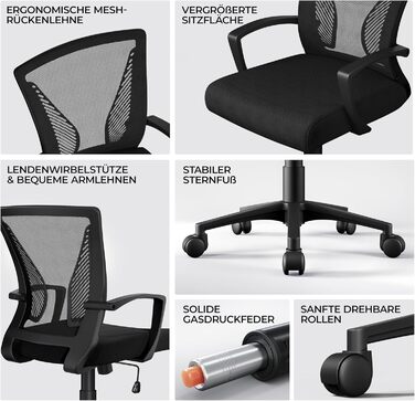 Ергономічне офісне крісло Yaheetech, сітчасте крісло для столу, робоче крісло з підлокітниками, сітчасте крісло для керівника, комп&39ютерне крісло з регульованою висотою (136 кг), дихаюче, функція гойдання, чорне, фіксовані підлокітники