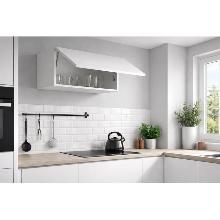 Настінна шафа, глянцевий білий, 90 x 35 x 32 см (Ш x В x Г), настінна шафа для вітальні, навісна настінна шафа, настінна полиця, шафа для документів, верхня шафа, відкривається натисканням, шафа для вітальні, біла, горизонтальна шафа, 90 x 35 x 32 см