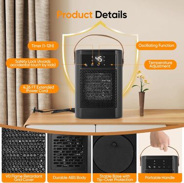Тепловентилятор з пультом дистанційного керування, 1500 Вт, 3 режими нагріву, 12-годинний таймер, коливання 70, PTC-тепловентилятор, енергозбереження, захист від перегріву та перекидання, портативний та тихий, для дому та офісу
