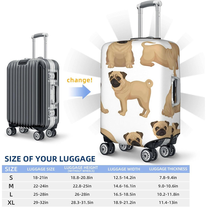 Чохол для валізи Мопс-цуценя, еластичний захист від подряпин, розмір M, чорний, 85 см