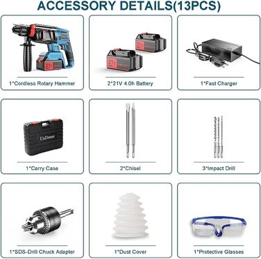 Акумуляторний перфоратор 21V 4000mAh запасний акумулятор, адаптер SDS-plus (з патроном для свердла, для перфораторів), функції 4 в 1, 3 свердла, 2 зубила, Підходить для бетону, цегляної кладки, стін