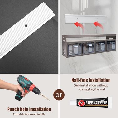 Підставка для спецій з банками для спецій, окремостояча та настінна підставка для спецій, банки для спецій з полицею, підвісна підставка для спецій (не потребує свердління) з 4 коробками для спецій, тонкий металевий органайзер для спецій на кухонну стільн