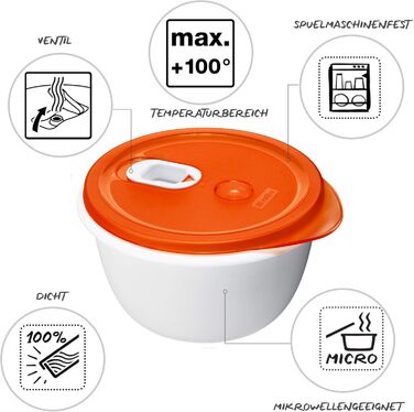 Контейнер для мікрохвильової печі Rotho Micro Clever 1.6л з кришкою та вентиляційним отвором, пластик (PP) без BPA, червоно-білий, 1.6л (19.0 x 19.0 x 10.5 см)