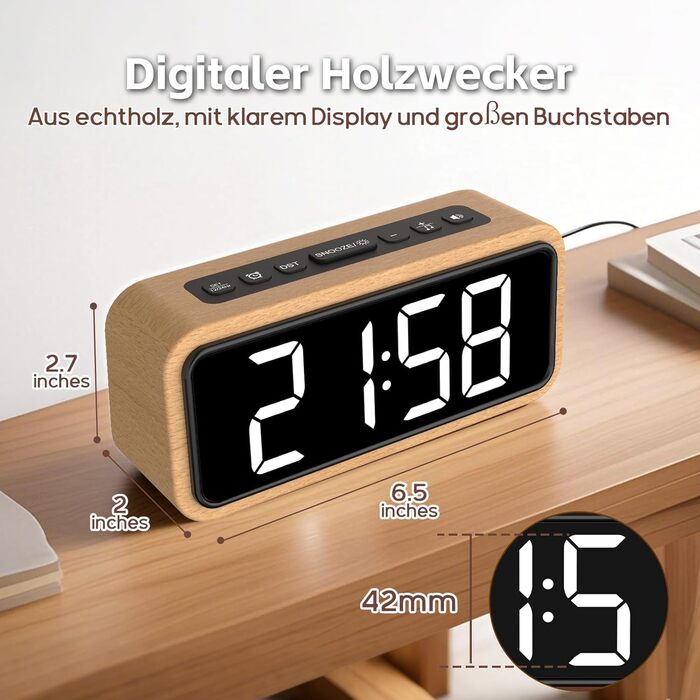 Гучний будильник для тих, хто міцно спить, дерев&39яний цифровий будильник зі світлодіодним дисплеєм, 12 мелодій будильника, 5 налаштувань яскравості, 5 рівнів гучності, ручний перехід на літній час, ретро-коричневий будильник для спальні (буково-білий)