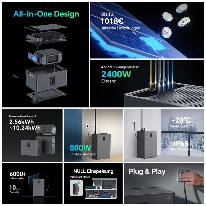 Балконна електростанція Marstek Jupiter C Plus з накопичувачем та інвертором, 0 ПДВ, акумулятор LFP 2,56 кВтгод з лічильником, керування за допомогою застосунку, 4 MPPT 2,4 кВт вхідна потужність PV/800 Вт вихідна потужність мережі, IP65, Plug&Play 2560 Вт