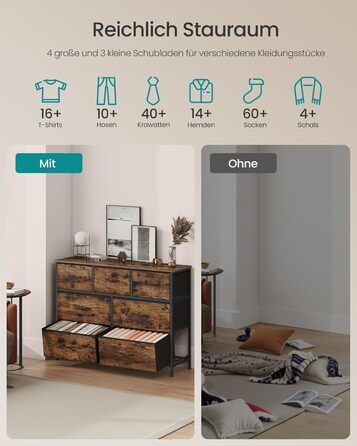 Комод SONGMICS, шафа, 7 тканинних шухляд, шафа для зберігання, сталь, МДФ, неткане полотно, для спальні, коридору, вітальні, вінтажний коричневий-чорний LGS323BH04 Вінтажний коричневий чорнильний 7 шухляд