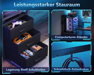 Ігровий стіл Coleshome з шухлядами, 15150 см, ігровий стіл зі світлодіодним освітленням та розеткою, комп&39ютерний стіл з полицями та підставкою для монітора, чорний колір з вуглецевого волокна