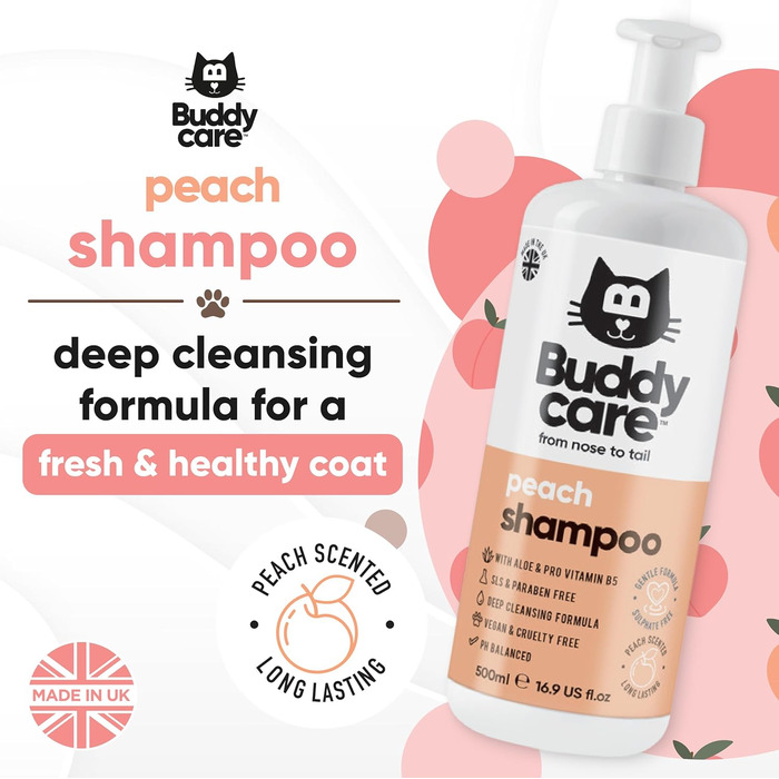 Шампунь для котів Buddycare Peach Шампунь для глибокого очищення Фруктовий аромат з алое вера та вітаміном B5 500 мл