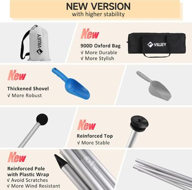 Сонячний намет VILLEY 2 м x 2,4 м, хакі, пляжний намет з лайкри з захистом від ультрафіолету UPF50 для 3 осіб, пляжна парасолька з мішком з піском та 2 опорними жердинами для пікніків, риболовлі, сонцезахисний, хакі