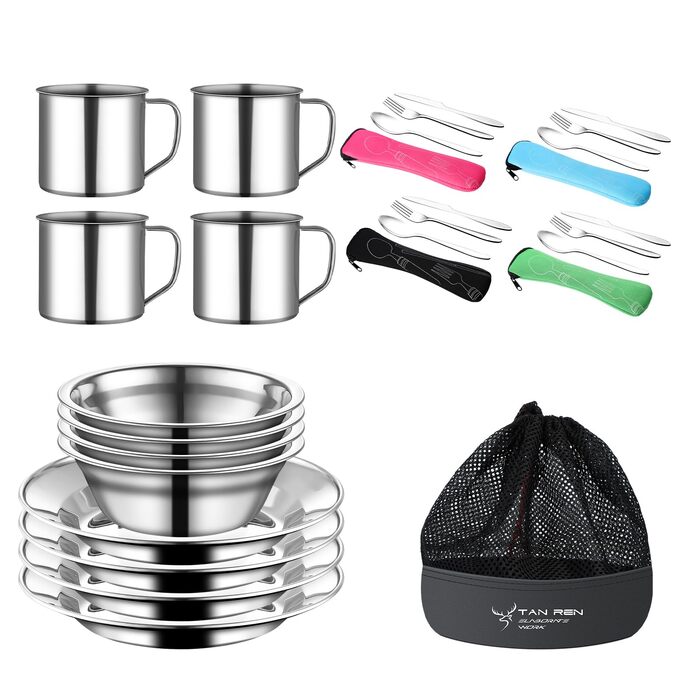 Набір столових приборів для кемпінгу TAN REN для 4 осіб, 24-предметний набір посуду для кемпінгу з нержавіючої сталі, набір столових приборів для пікніка, столові прибори для подорожей на свіжому повітрі з нержавіючої сталі з ножем, виделкою, ложкою для п