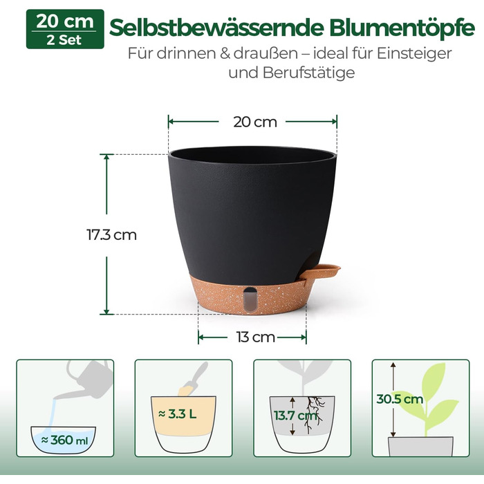 Набір з 2 предметів T4U, самополивний квітковий горщик 20 см з глибоким резервуаром для води, для зелених рослин, великий квітковий горщик для приміщень та вулиці, також підходить як велике кашпо для вулиці, чорний, 20 см