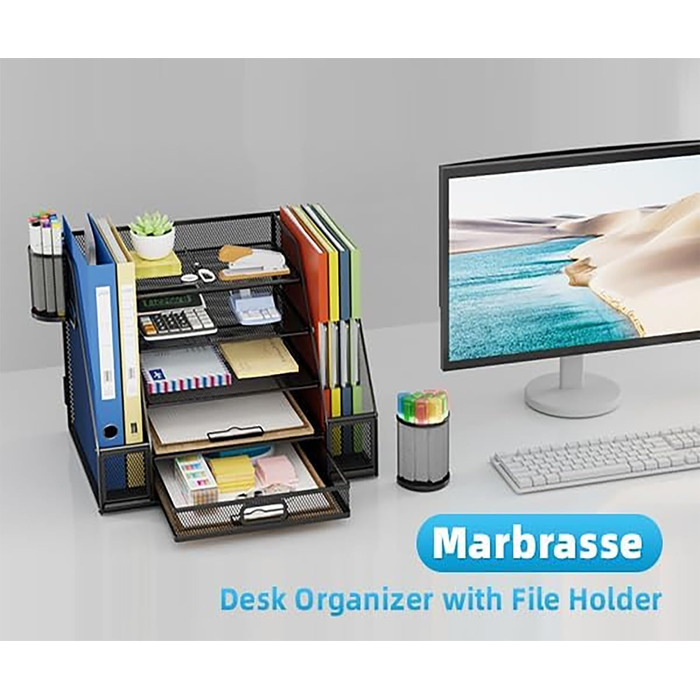 Органайзер для столу Marbrasse з тримачами для файлів, 5-ярусний лоток для листів з шухлядою та 2 тримачами для ручок, сітчастий лоток для настільних аксесуарів, тримач для журналів та офісного приладдя (чорний) 42 x 30 x 28 см