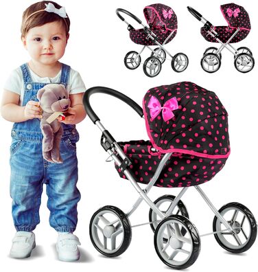 Коляска для ляльок Kinderplay, іграшкова коляска - коляска для ляльок. Цю коляску легше штовхати дітям, KP0260G Чорна з крапками