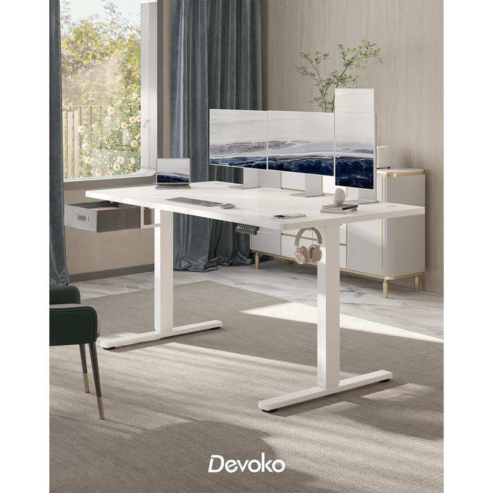 Письмовий стіл з регульованою висотою 160x80 см, Стіл з регульованою висотою та висувними ящиками, порт зарядки USB-A, комп&39ютерний стіл з лотком для кабелів, стіл для роботи стоячи з 3 функціями пам&39яті, білий, 160 x 80 см