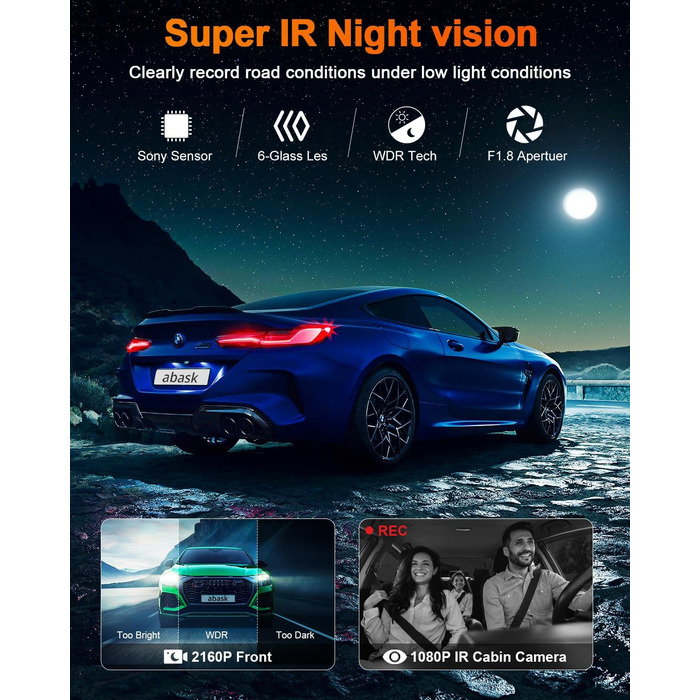 Автомобільна інфрачервона камера нічного бачення abask 4K з широким кутом огляду 310, G-сенсором, циклічним записом, WDR, 24-годин